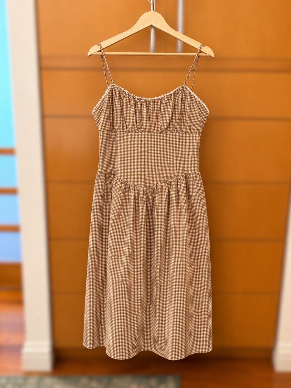 Brown Gingham Corset Bust Midi Dress Cottagecore a new day size L